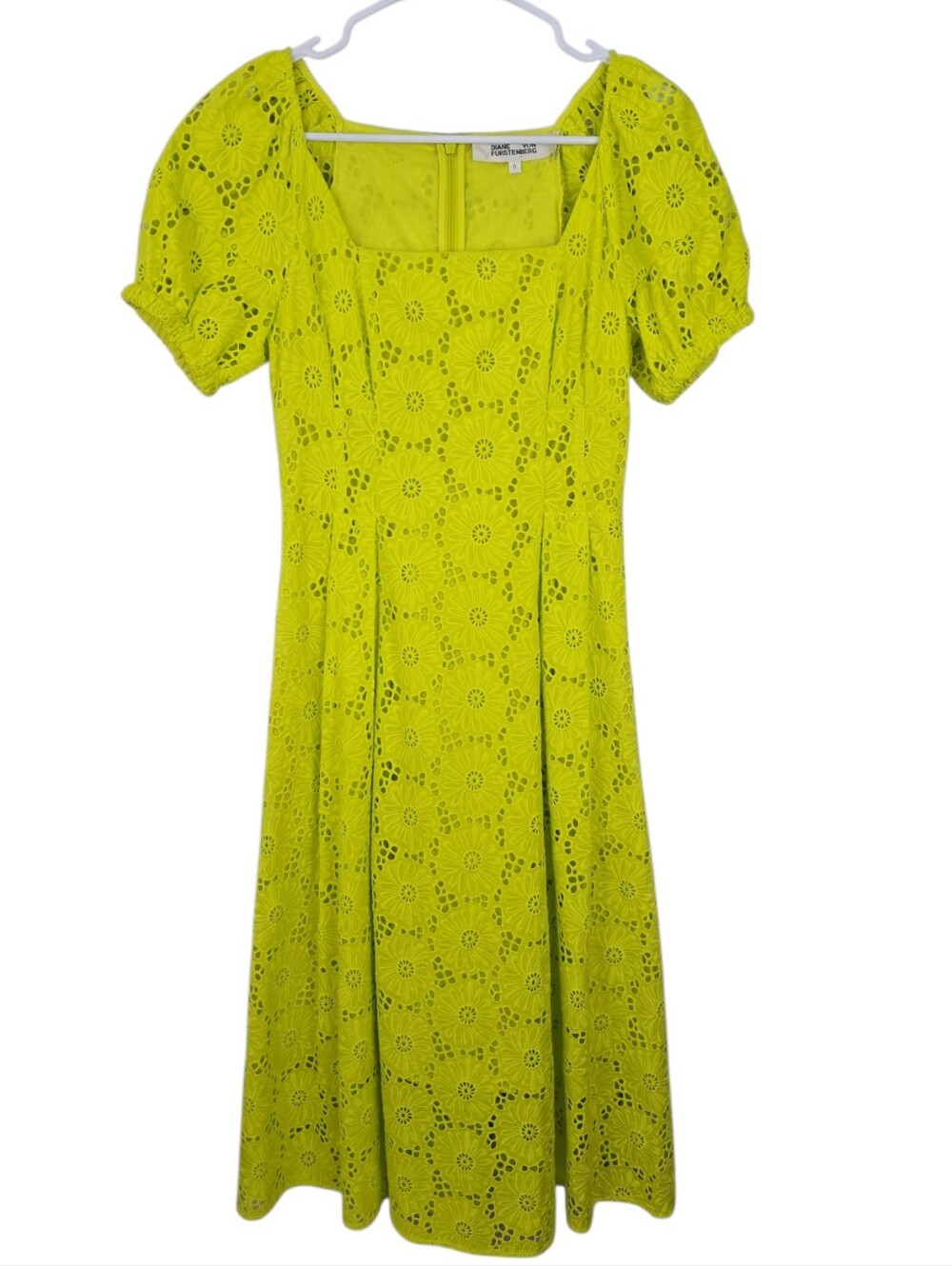Diane Von Furstenberg Yellow Embroidered Floral Mini A-Line Dress Size 0